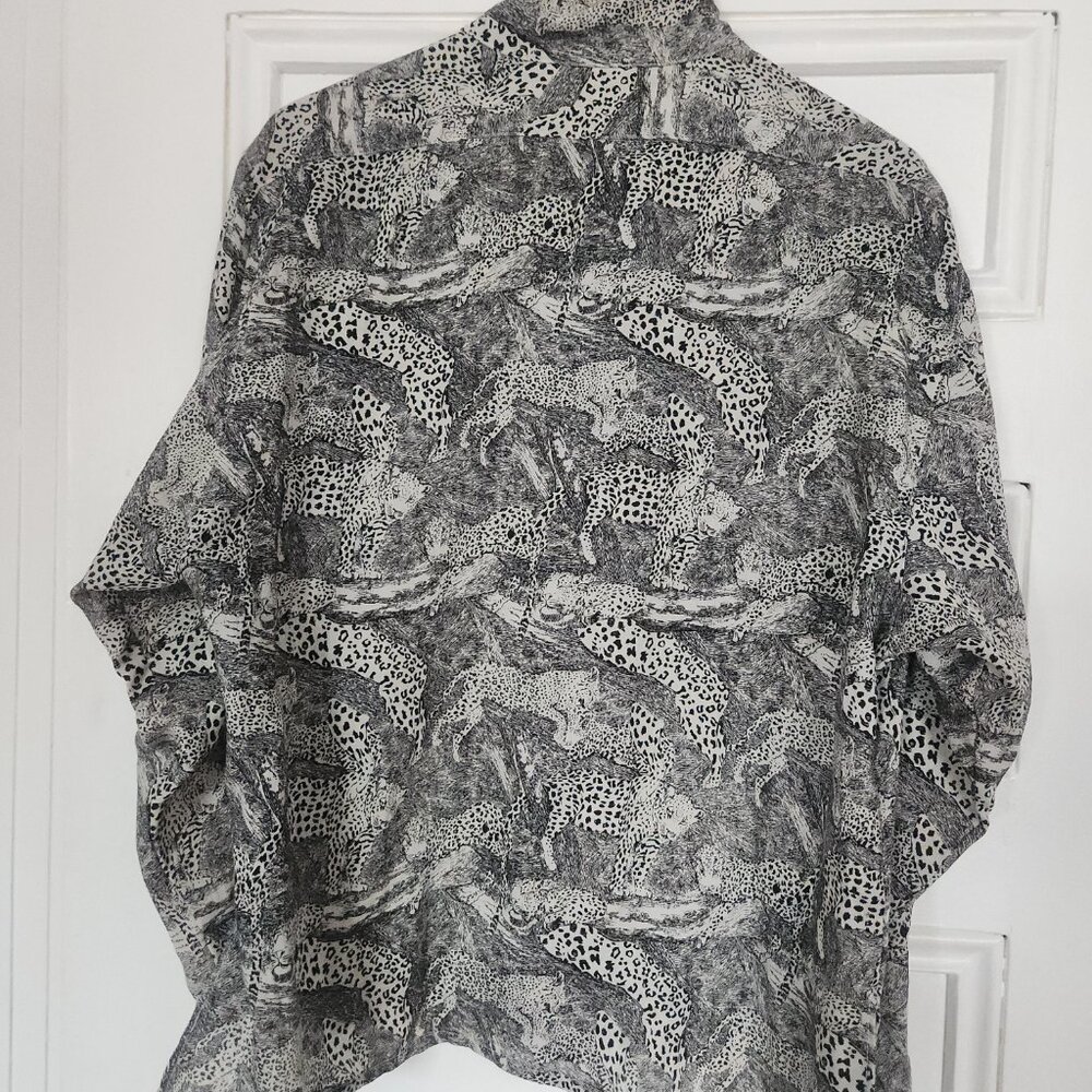 Vintage Literal Leopard Print Wool Blend Standing Collar Blouse - Picture 5 of 11